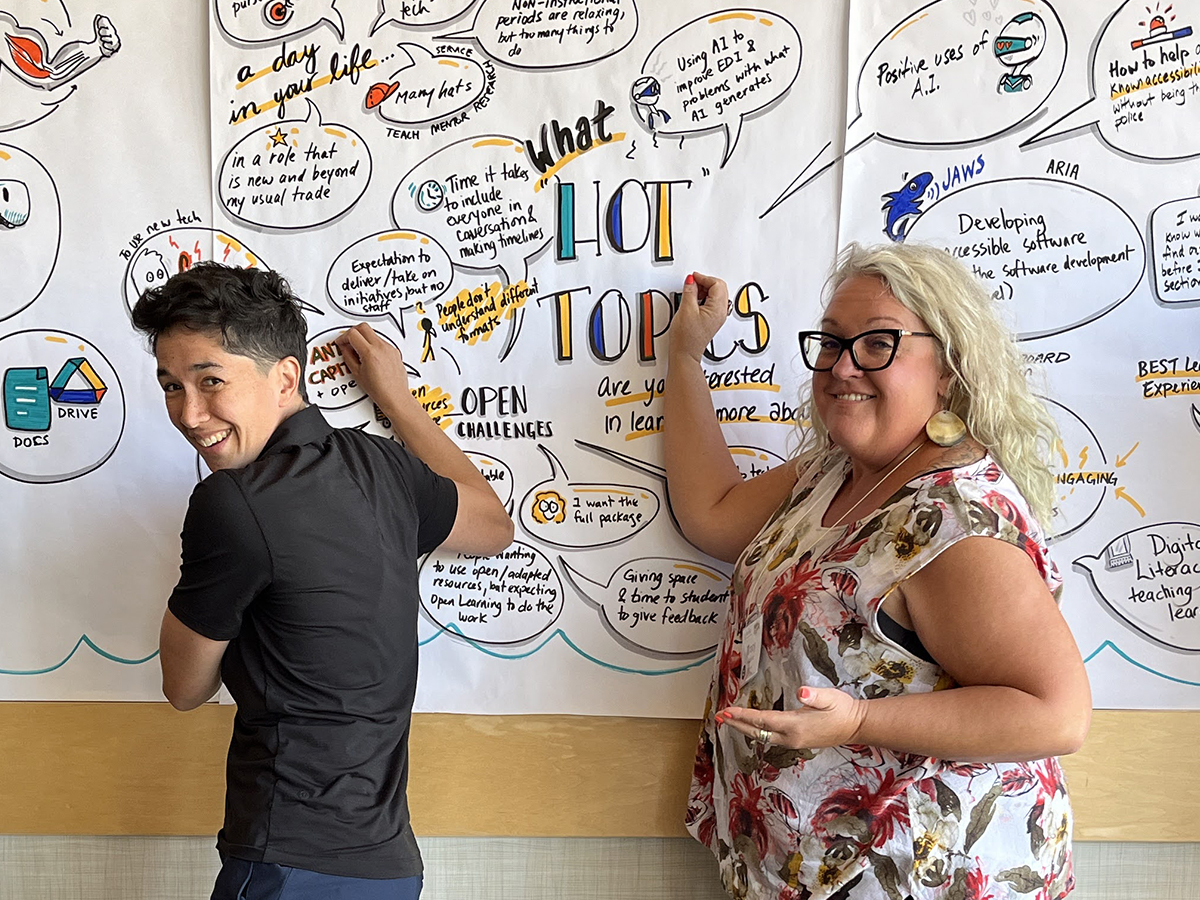BCcampus staff, Selina and Tracy, pose smiling in front of a wall of poster paper with writing all over it.