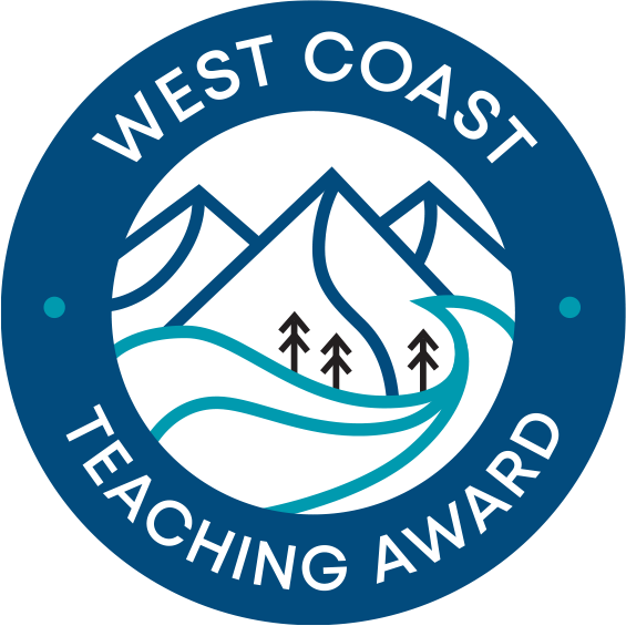 A navy circular badge reading 'West Coast Teaching Award' width=